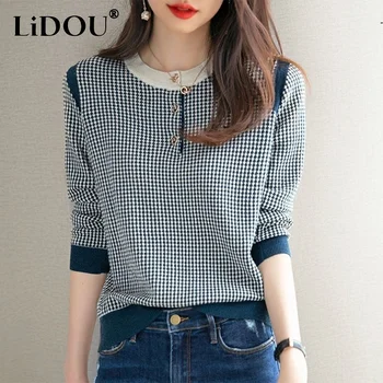 Autumn Winter New Vintage Houndstooth Print Simple Sweater Lady Elegant Fashion Korean Style Pullover All-match Casual Top Women 1