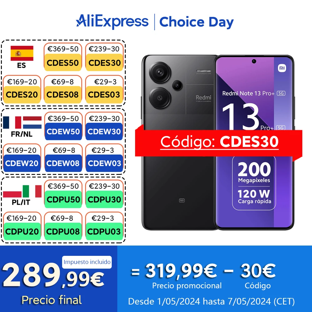 [30€ dto. Código: CDES30] Xiaomi Redmi Note 13 Pro+ 5G Smartphone 8+256GB, MTK Dimensity 7200-Ultra, Pantalla AMOLED de 6.67\