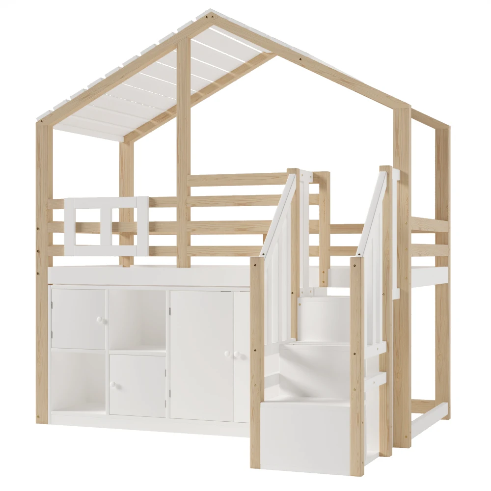 90x200cm modernes Kinderzimmer-Hochbett, mit Fenster und mehreren Schließfächern, Hausform, Bettgitter, Weiß + Natur (ohne Matratze) – Detail 13