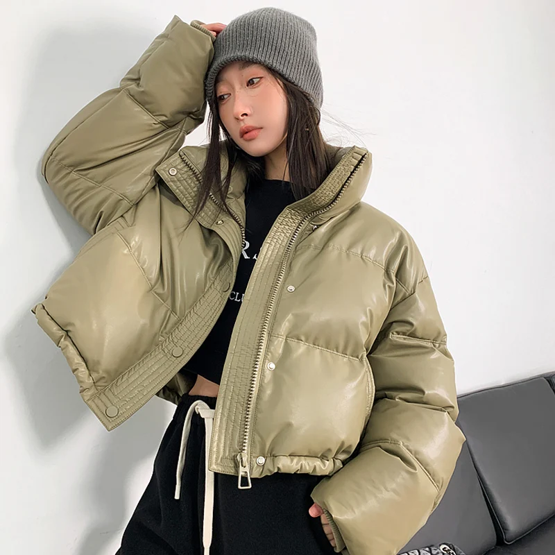 

New PU leather down cotton jacket, small and fashionable women's winter short style, thickened standing collar, bread jacket