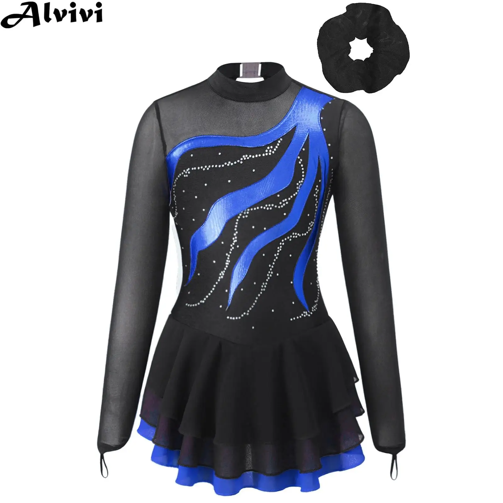 

Teen Girls Figure Skating Leotard Dress with Hair Band Long Sleeve Rhinestone Mesh Lyrical Dance Ballet Gymnastics Dancewear