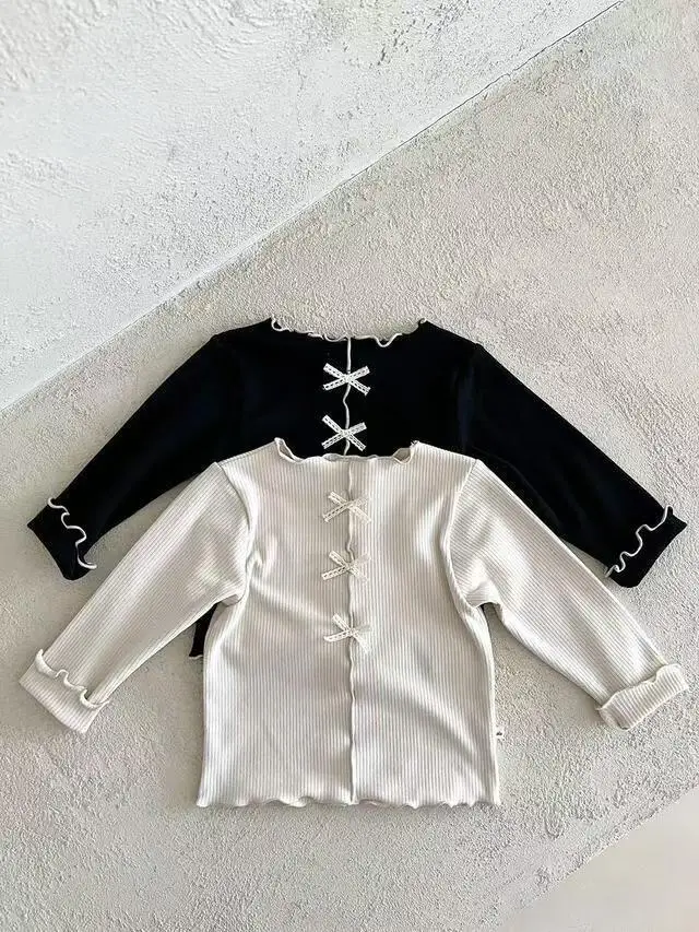 2025 Autumn New Baby Long Sleeve T Shirts Solid Girls Cute Bow Cotton Bottoming Shirts Infant Ribbed Tops Children Clothes 4