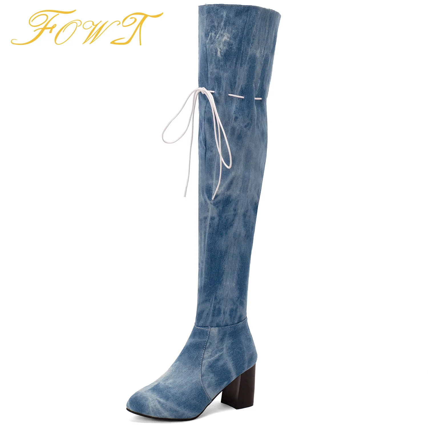 

Pointed Toe High-Heeled Denim Print Over-The-Knee High Boots Block Heel Lace-Up Side Zip Large Size 45 46