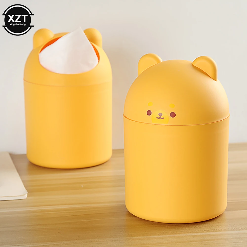 Cute Bear Desktop Trash Can Mini Children Student Storage Bucket With Lid Household Creative Living Room Bedroom Rubbish Bin Box