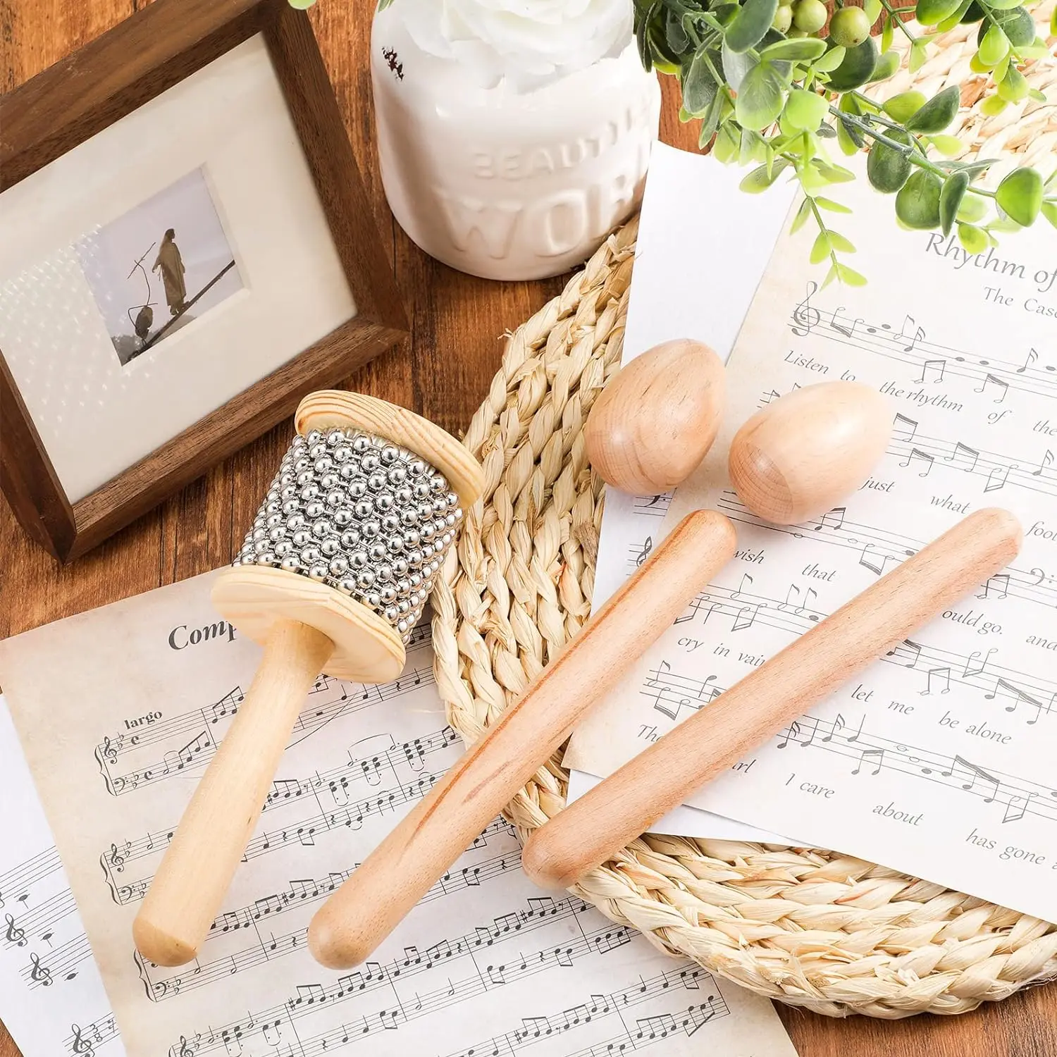 5-piece Set Wooden Percussion Mini Cabassa Stainless Steel Beaded Rhythm Bar Egg Rattle Musical Instrument