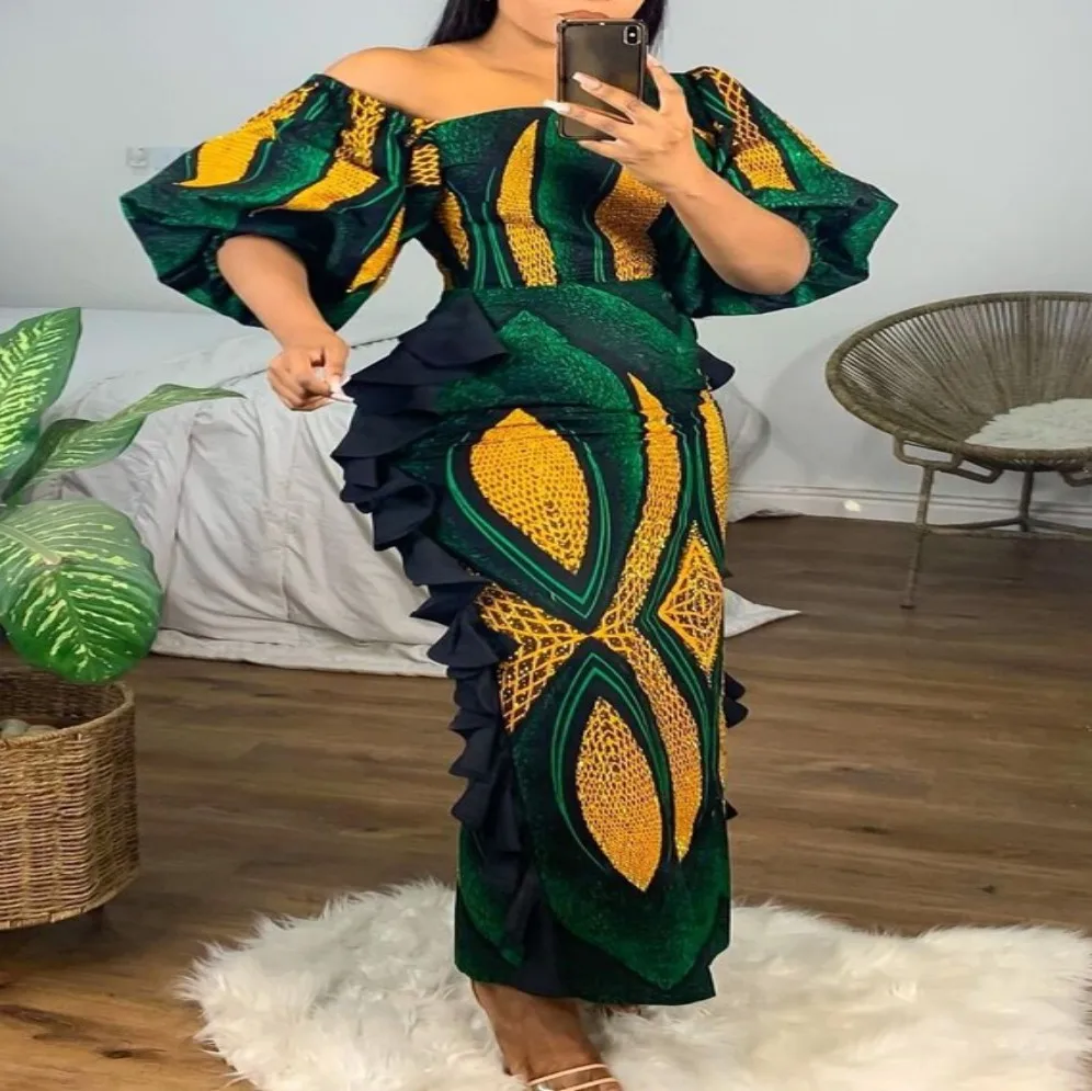 African Dresses for Women Spring Autumn African Women Polyester Lantern Sleeve Half Sleeve Long Dress Maxi Dress Clothes