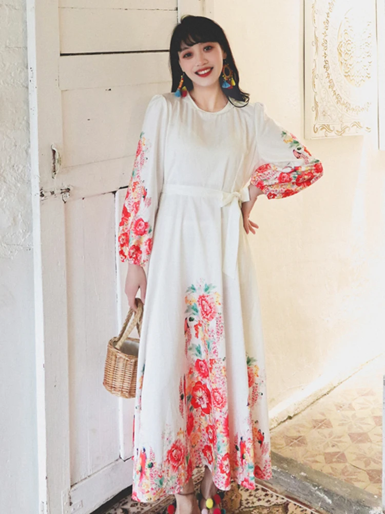 

Summer new women's exotic style positioning printing big white long dress retro palace wind Bohemian travel dress