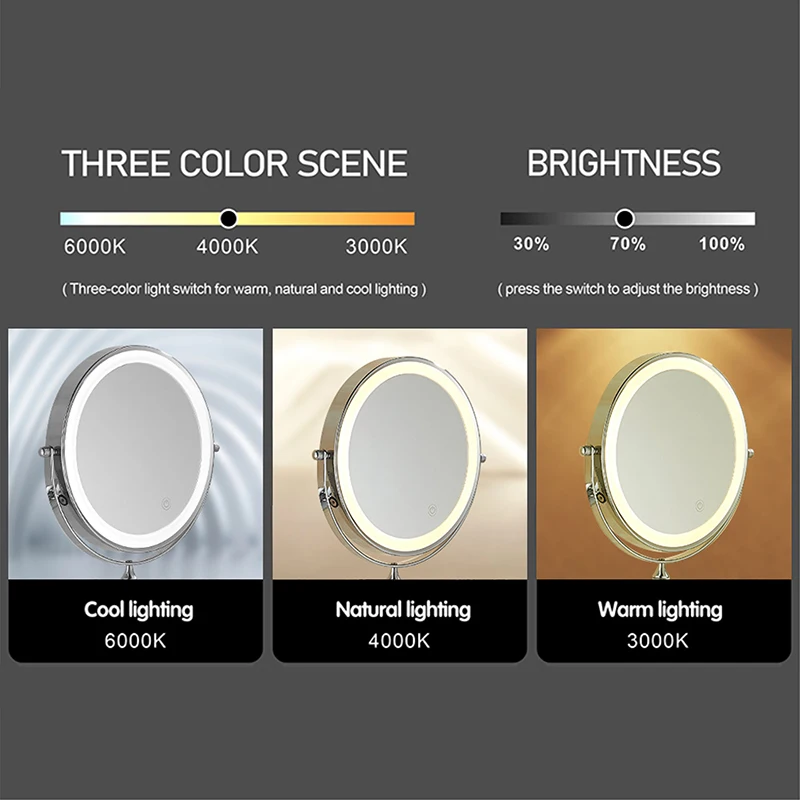8 인치 벽걸이 형 화장 거울 블랙 3X-10X 돋보기 3 색 LED 조명 양면 욕실 스마트 면도 화장품 거울