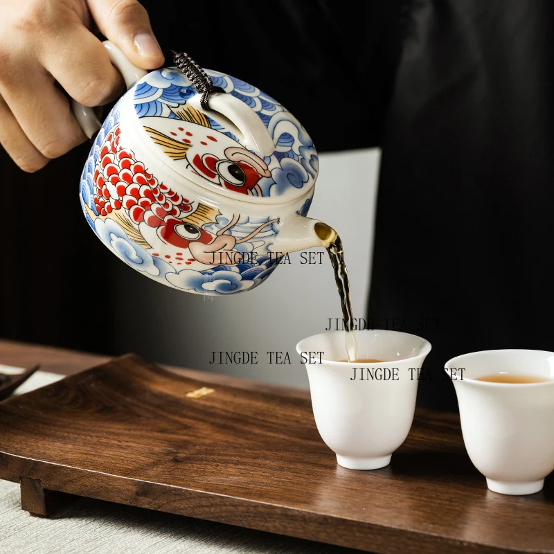 Household Ceramic Fish Play Hanwa Teapot Chinese Style Tea Pot Single Pot Puer Tea Kung Fu Tea Set