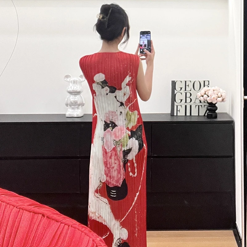 LANMREM Pleated Famale Clothing 2025 New Vacation Style Sweet Elastic Slim Sleeveless O-neck Printting Women's Dress 2DB3774 - Image 2
