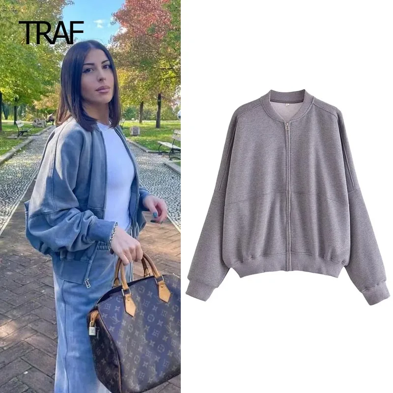 

TRAF Women Sweatshirts Autumn Winter Tweed Hoodies Round Neck Long Sleeve Top With Zipper New In Hoodies Elegant Designer Hoodie