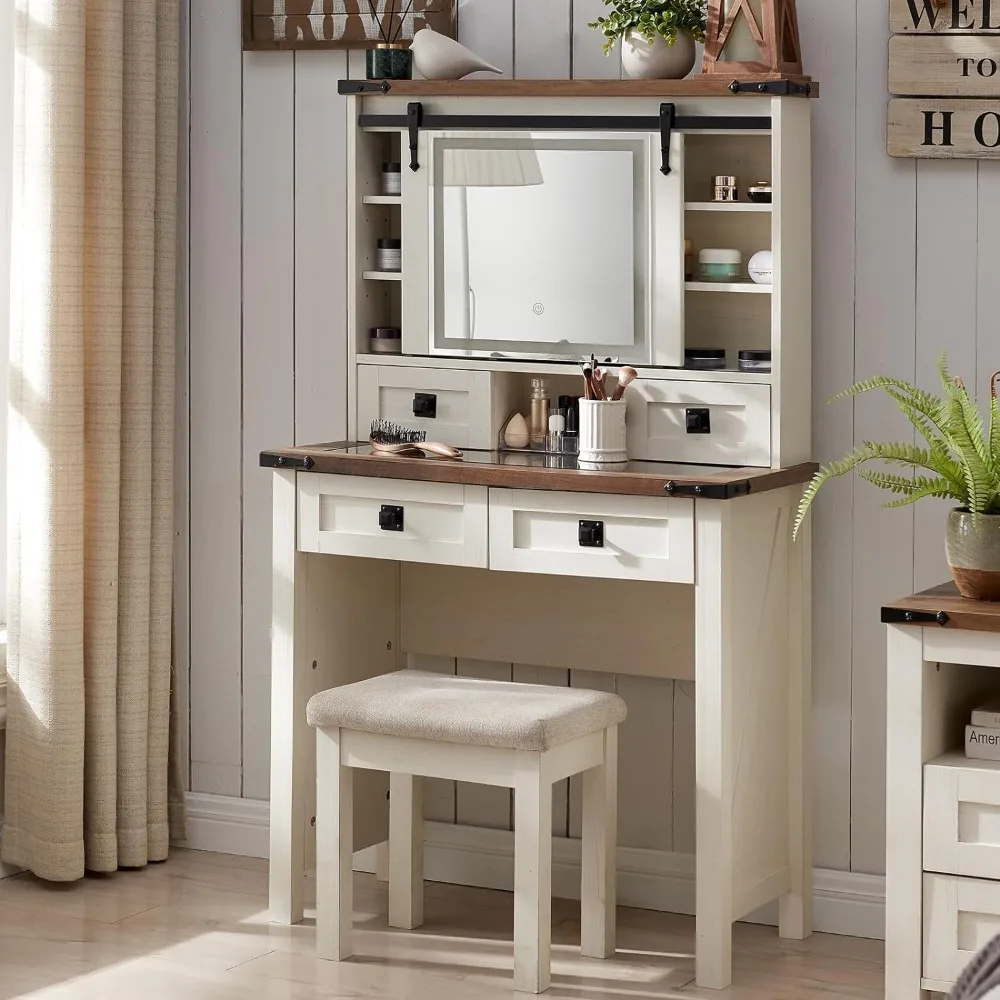 

Vanity Desk with Sliding Mirror and Lights, with 2 Drawers & Shelves, Rustic Vanity Set for Bedroom