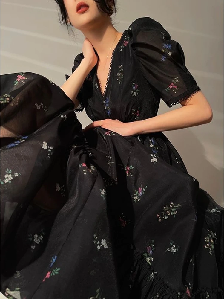 

Lantern Sleeve France Vintage Dress Women Black Print Elegant Evening Party Long Dresses Ruffles V-neck Korean Causal Dress 2023