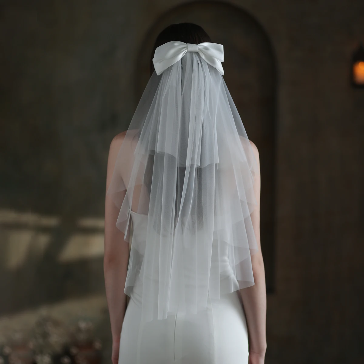 Bridal Veil V848 White Soft Tulle Two-Layer Wedding Bridal Veil of Satin Bow with Hair Comb