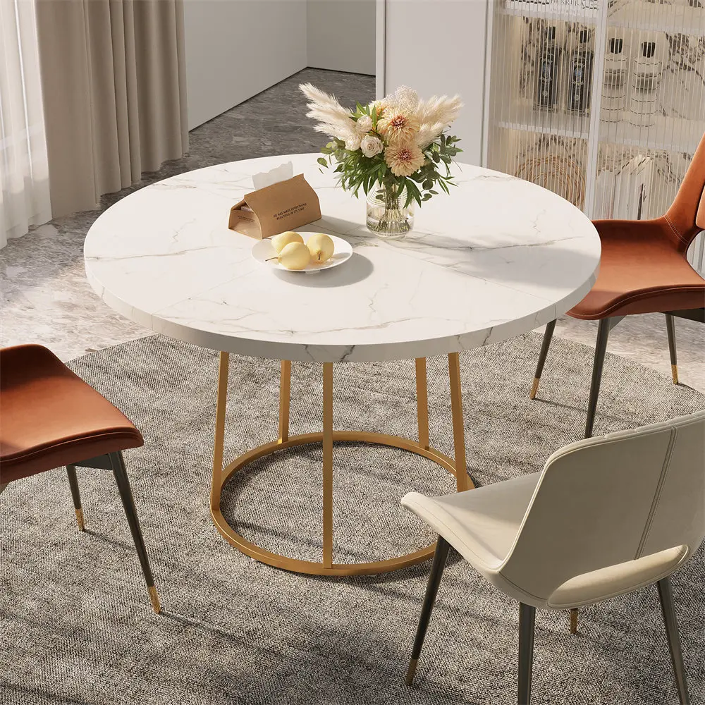Round Dining Table 47.24 Inch Kitchen Table for 4 People Wooden Marble Pattern Dinner Room with Gold Base for Home office