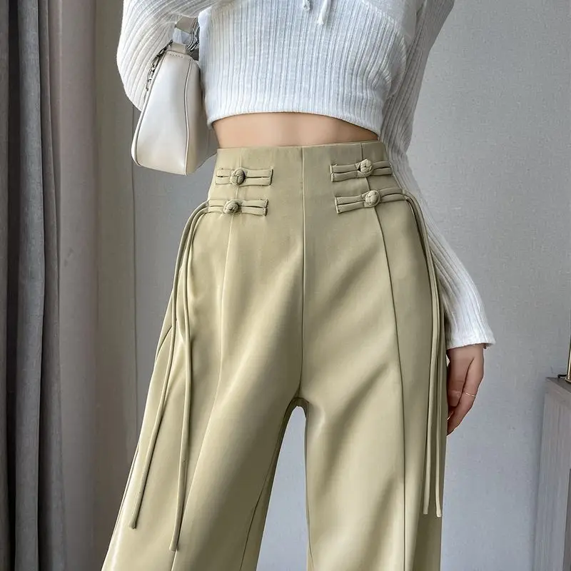 new chinese improved trousers oriental pan button suit pants for women high waist relaxed lady daily straight leg pants
