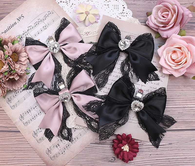 Lolita Handmade Shoes Clip Japanese Style Sweet Heart Shape Rhinestone Big Bow Lace Shoes Clip Women's Shoe Buckle Accessories