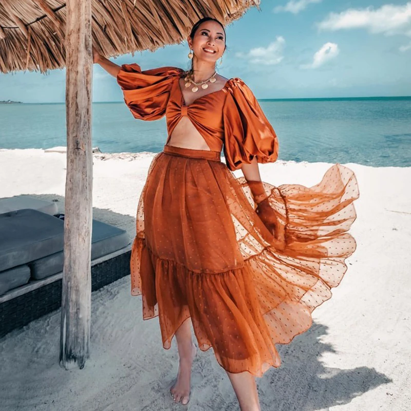 Brown Skirt High-waisted Skirt Ruffles Tulle Skirt With Dot Woman Clothes Zipper Women's Skirt Summer Dresses Woman 2022 summer fashion plage moda spandex 2022 ribbon wrapped het strand sun dresses beach rope for women