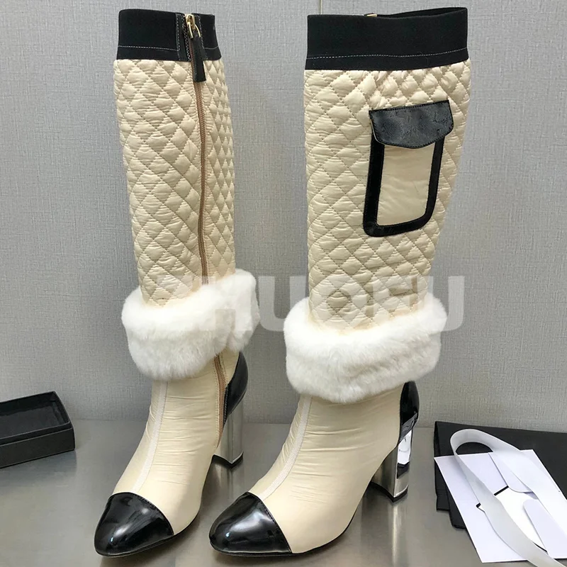 

Women Long Boots Autumn Winter 2023 New Unique Plush Decor Upper Mixed Colors Female Boots Fashion Eye-Catching High Heel Shoes
