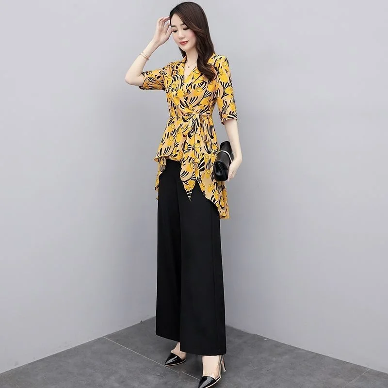 

Женский Повседневный костюм, новый Летний шифоновый топ с принтом и брюки с высокой талией и широкими штанинами, комплект из двух предметов, модная женская одежда больших размеров, 2022