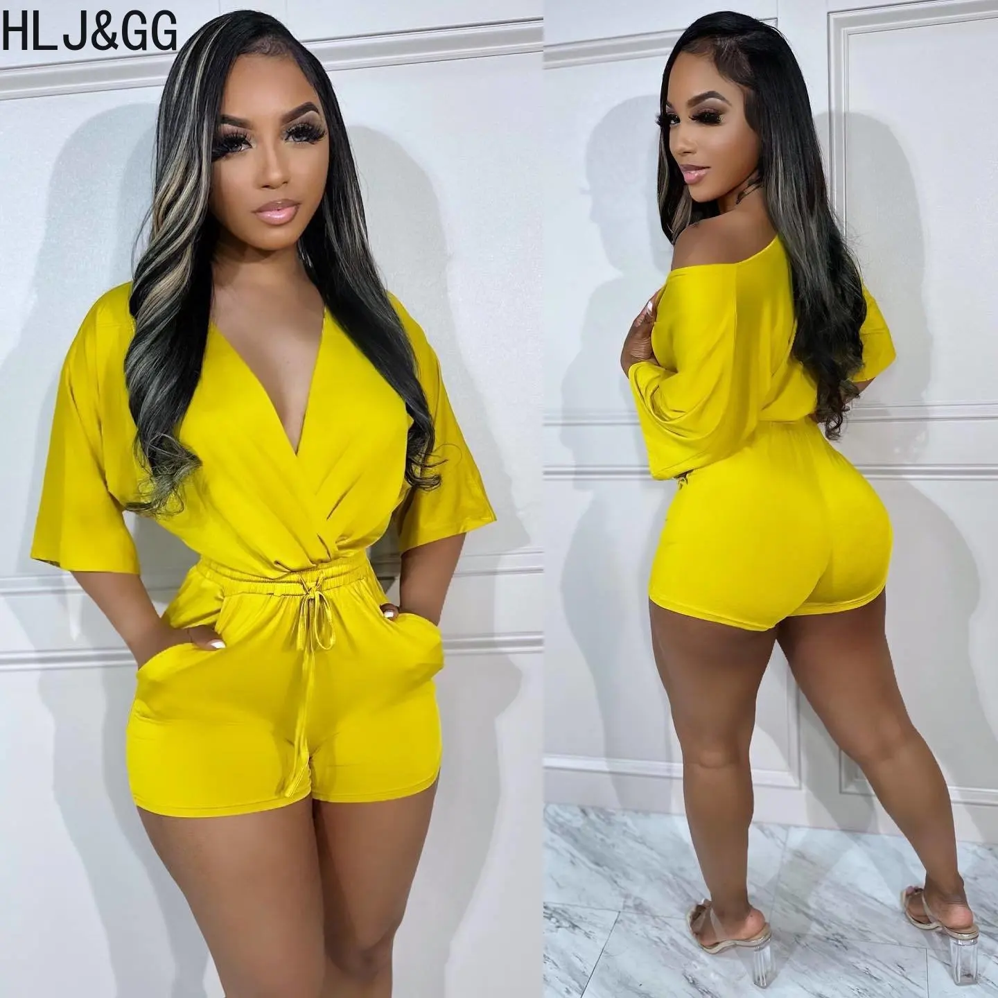 HLJ&GG Elegant Lady Lace Up Rompers Women Deep V Short Sleeve Slim Jumpsuits Casual Solid Bandage With Pocket One Piece Playsuit