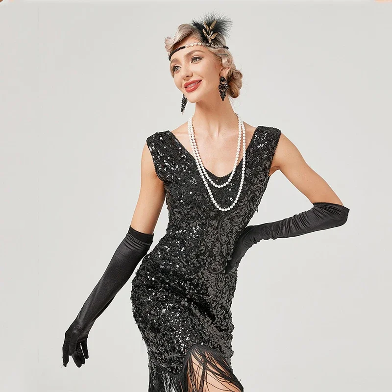 

Black Sexy Dress Sequin Prom Party Tassel Dress for Women Banquet Dance Vintage Sleeveless Evening Dress