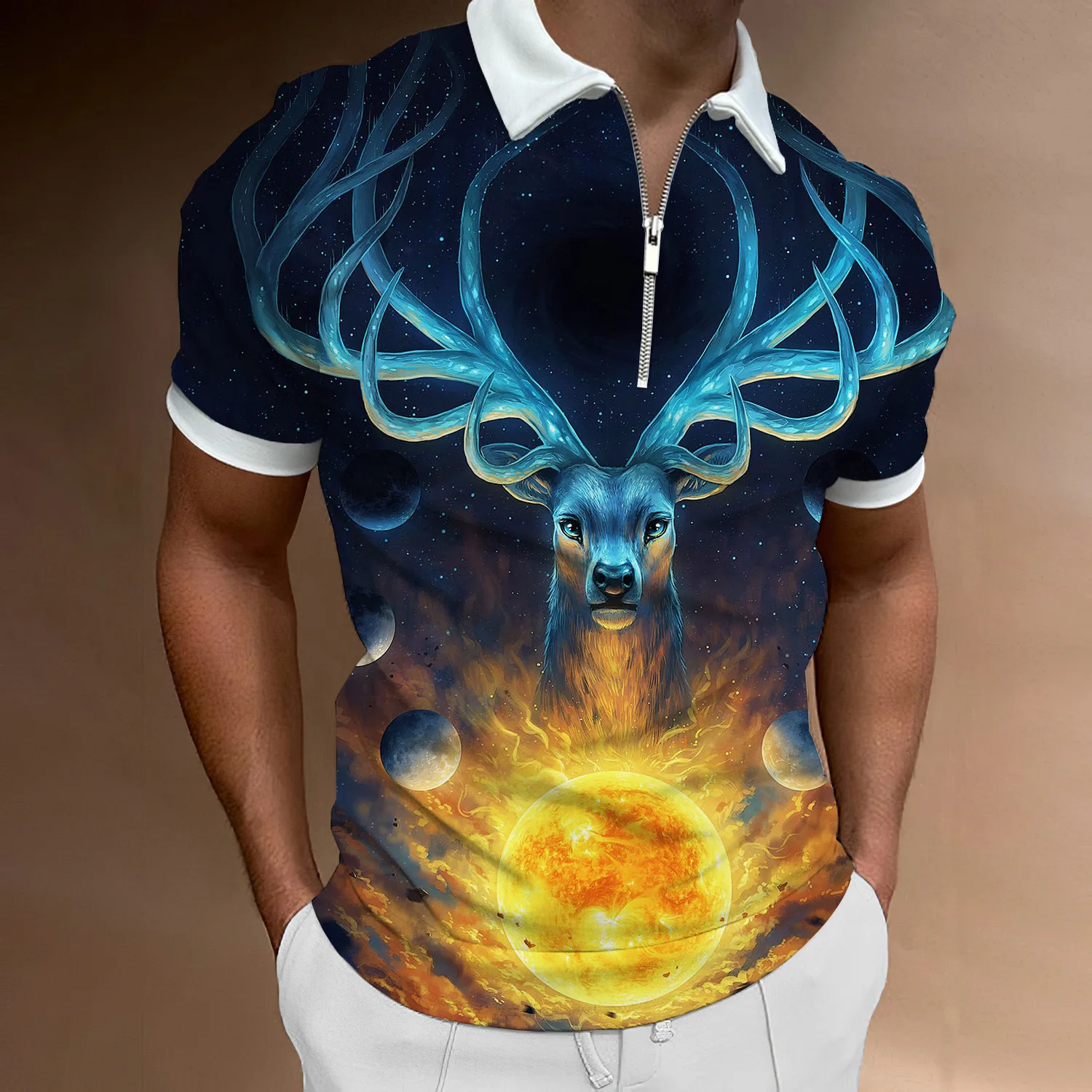 

Fashion Luxury Men's Polo Shirt Lapel Zip T Shirt Top Casual Deer 3D Animal Printed Short Sleeve Polo High Quality Male Clothing