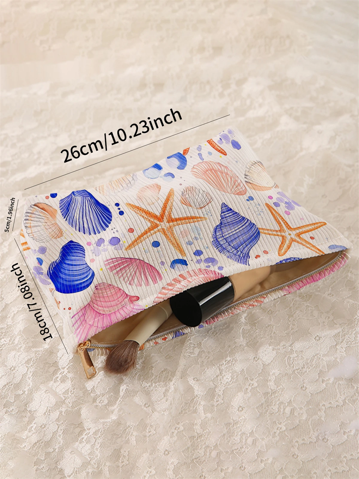 Ocean shell and starfish patterned corduroy makeup bag, lightweight zipper makeup storage box, multifunctional bag with lining