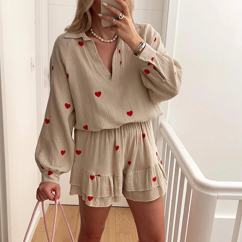 

Women Casual Love Print Cotton Set Fashion V Neck Tops+Ruffles Shorts Home Two Piece Set Long Sleeve Holiday Beach Loose Outfits