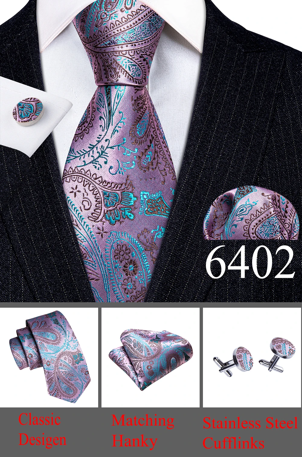 Designer-Krawatte für Herren Gold Silber Paisley-Muster Einstecktuch Manschettenknöpfe Set Hochzeitsgeschenk Elegante Corbatas 6235 – Detail 26