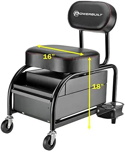 Powerbuilt Professional Car Detailers Mechanics Roller Seat, Heavy Duty Garage Stool with Thick Padded Seat and Backrest images - 6