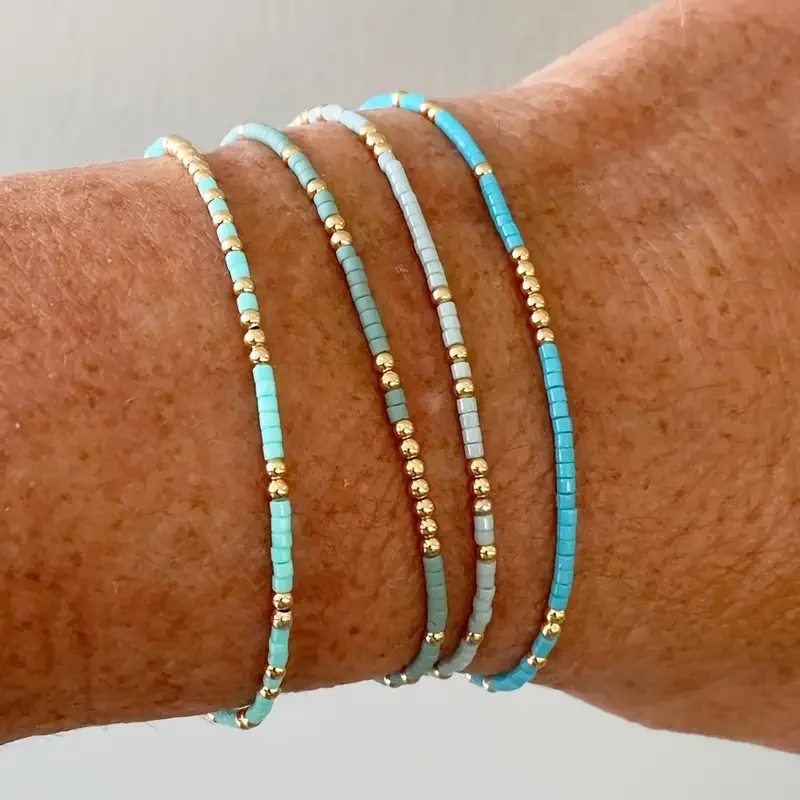 Seedbeads bracelet 4 PCS Turquoise Color Seedbeads Stretch Bracelet Set Bohemia Gold Color Glassbeads Elastic Handmade Girls Vacation Jewelry