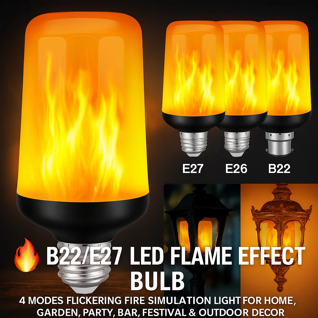 LED Light Bulbs B22/E27 Flame Effect 4 Modes Flickering Fire Simulation For Home Garden Party Bar Festival & Outdoor Decor