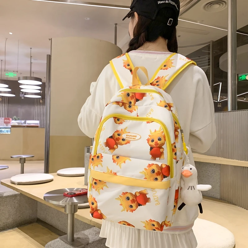 New Cartoon Printed Large Capacity Backpack Korean Edition Women's Academy Style High Quality Travel And Shopping Nylon Book Bag