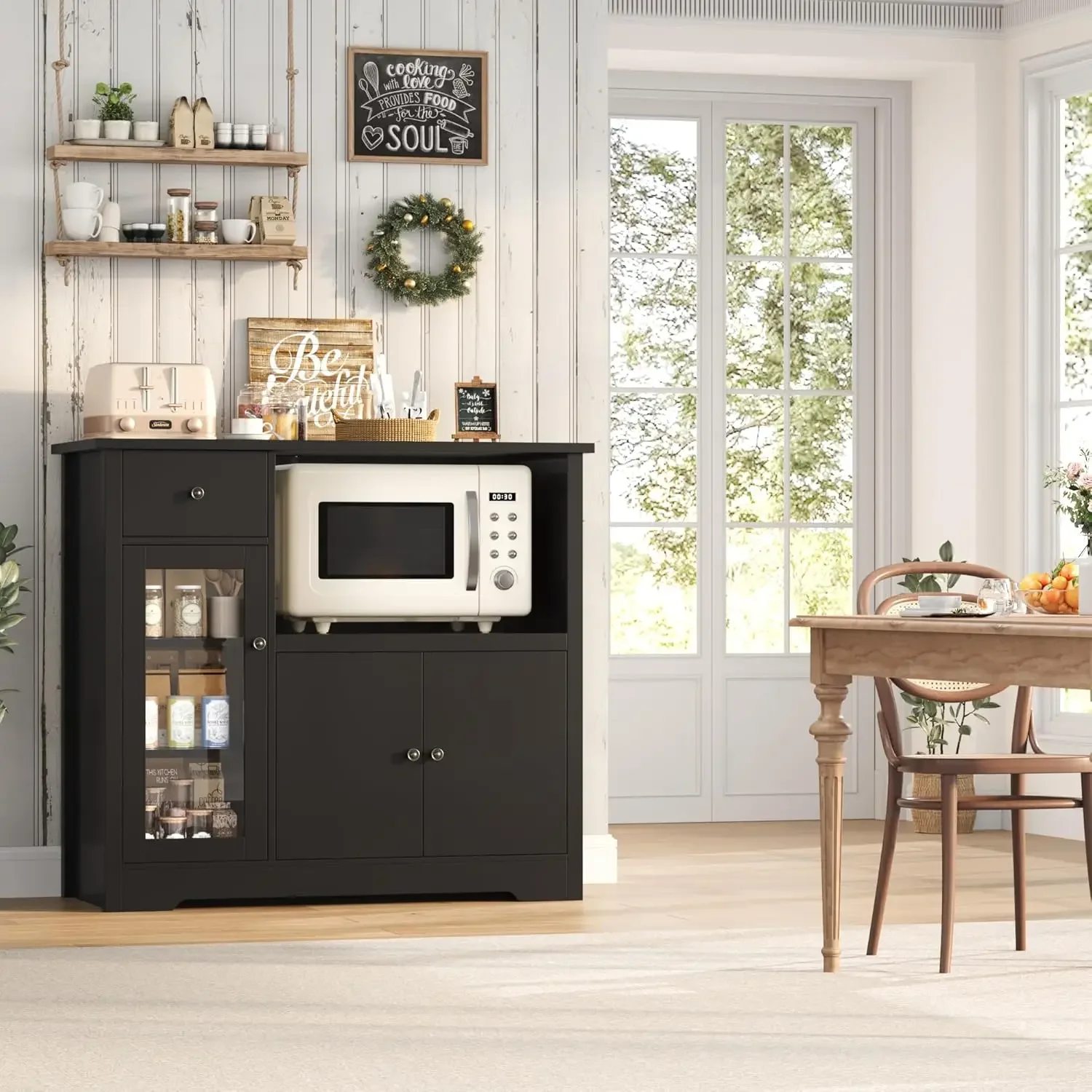 XMSJ*Microwave Cabinet, Kitchen Storage Cabinet with 3 Doors and 1 Drawer, Buffet Sideboard with Adjustable Shelves, Microwave S