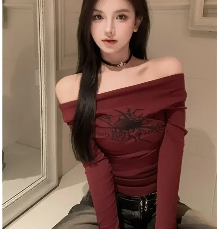 Camisetas de manga larga con cuello oblicuo para mujer, camisetas vintage sexys ajustadas, ropa de calle Y2k, camisetas para mujer, ropa nueva de primavera y verano
