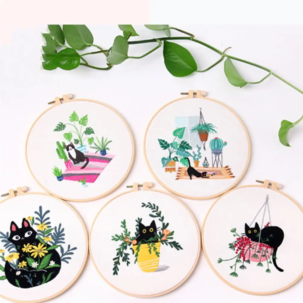Flower Black Cat Pattern Embroidery Set Needlework Tools Printed Beginner DIY Embroidery Round Cross Stitch Kit Sewing Craft Kit embroidery set embroidery kits embroidery hoop