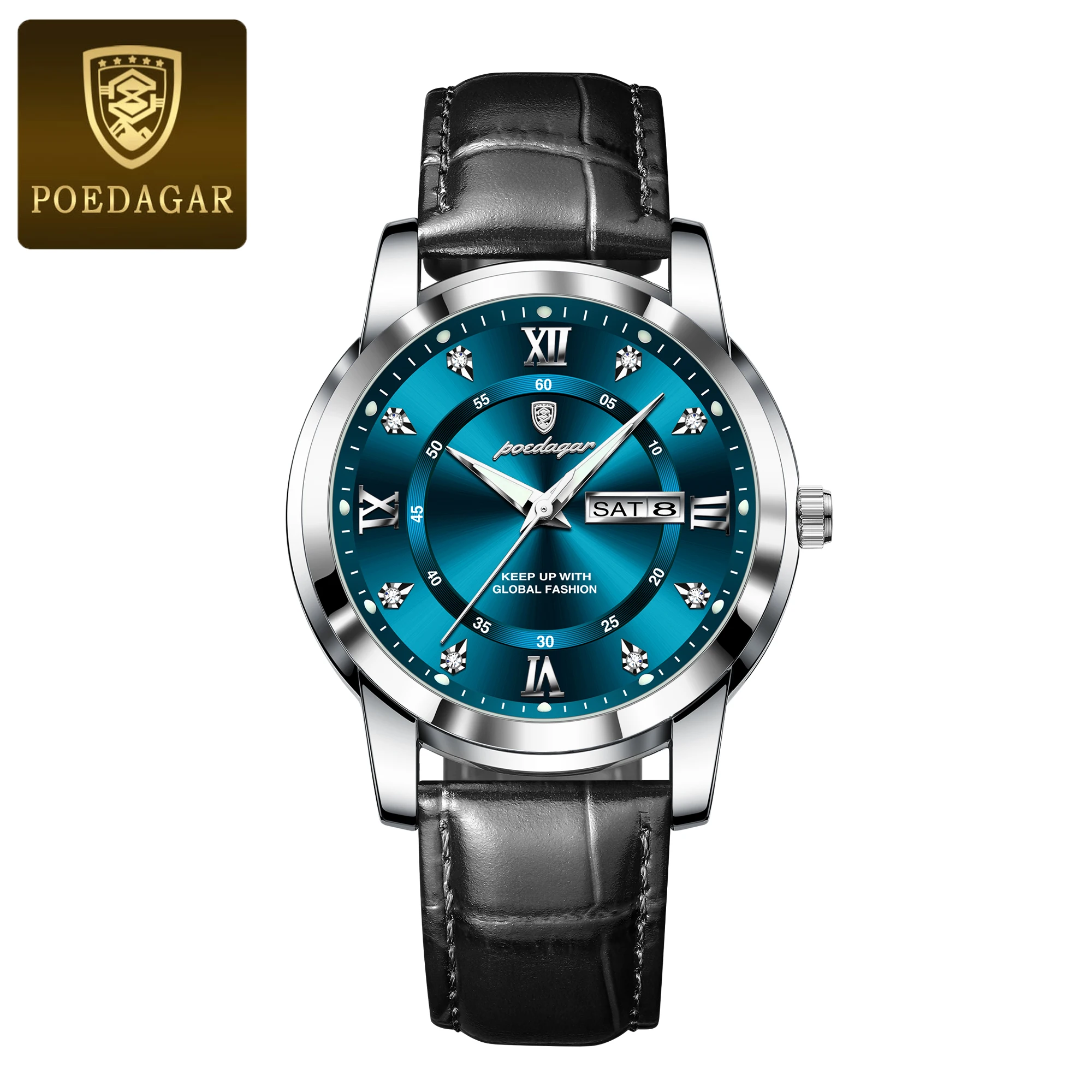 Men's Quartz Wristwatch With Luminous Date And Week Leather Strap_voghion.com