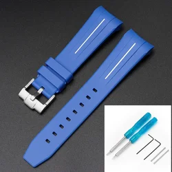Premium Rubber Strap with Stainless Steel Buckle - 22mm Curved Interface Watch Band - 22mm (Blue white line)