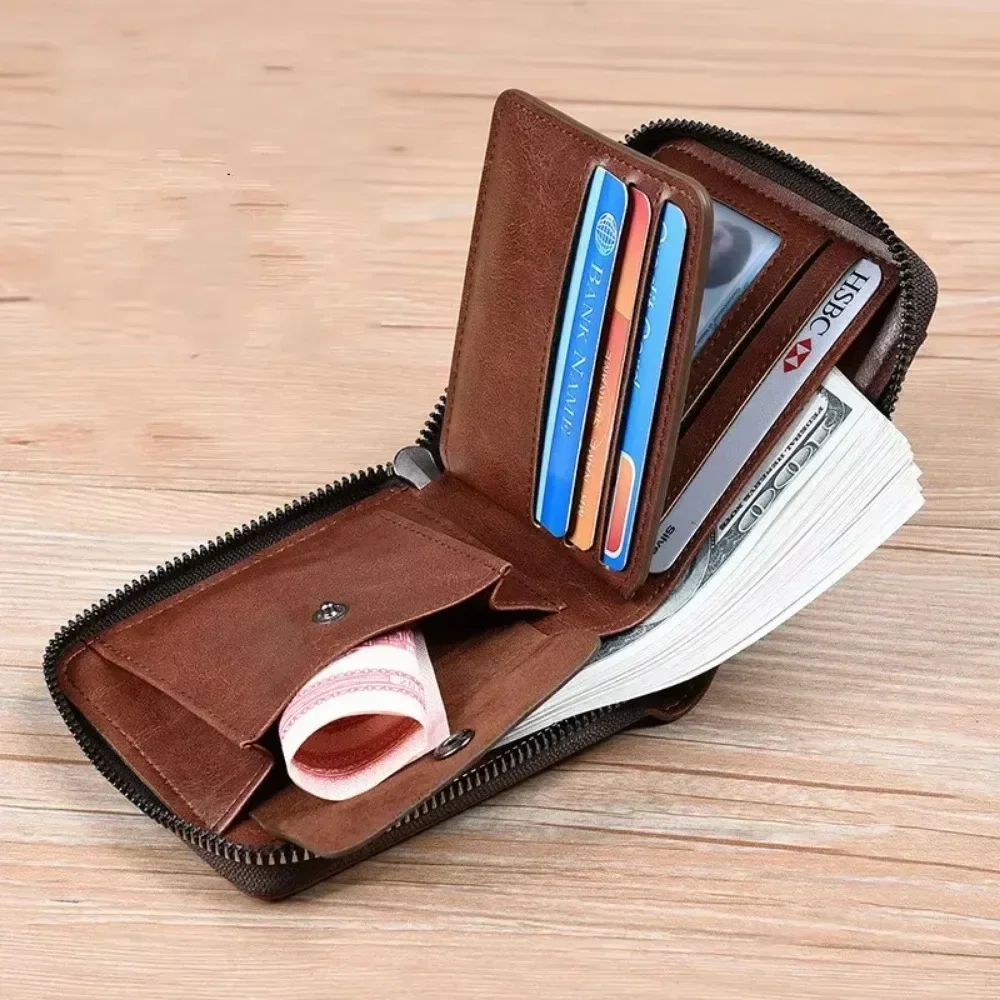 New Men Leather Wallet Business Credit Card Holder Blocking Pocket Coin Purse Zipper Wallet Male High Quality
