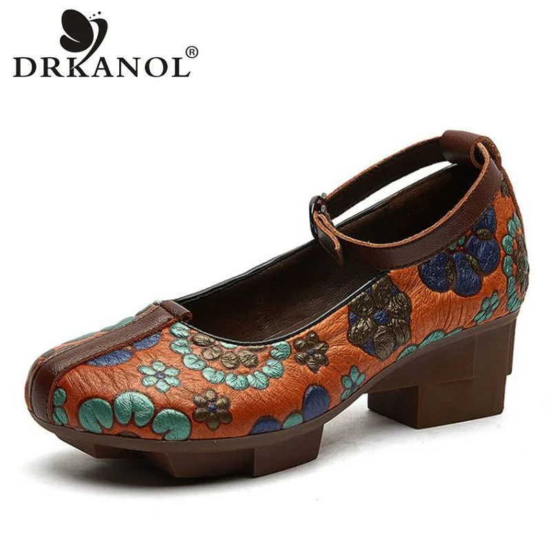 

DRKANOL Ethnic Style Printing Genuine Leather Pumps Women Thick Heel Casual Shoes Round Toe Shallow Ankle Strap Summer Shoes