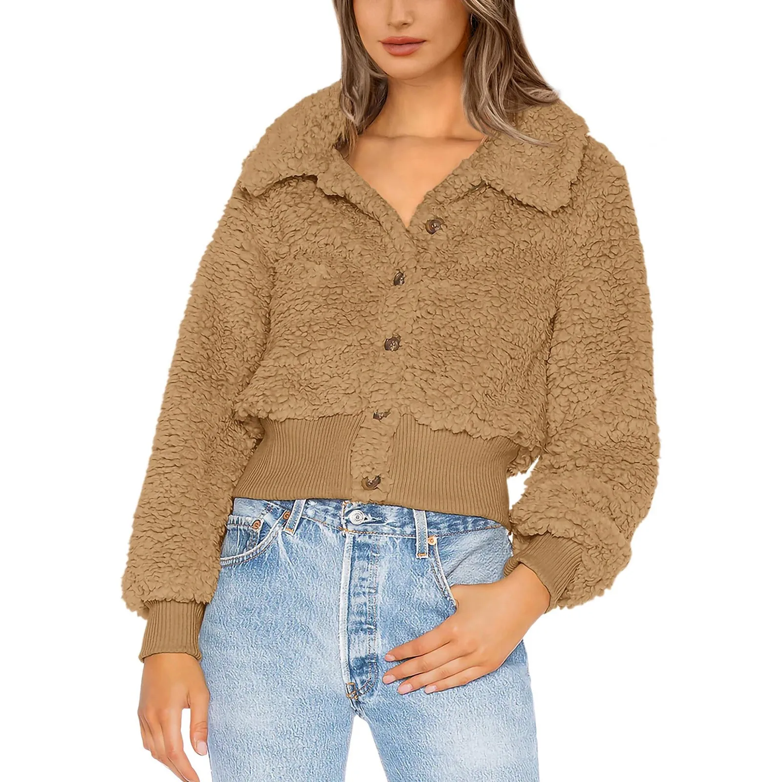 

Women'S Button Down Jacket Long Sleeve Warm Fall Winter Outwear Fuzzy Fleece Lapel Short Coats Fashion 2023 New Street Wear