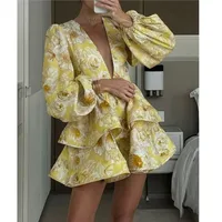 Elegant And Sexy Deep V Neck Bubble Long-sleeved Women’s Dresses Fashion Printed Ruffled Patchwork Short Female Party Mini Dress