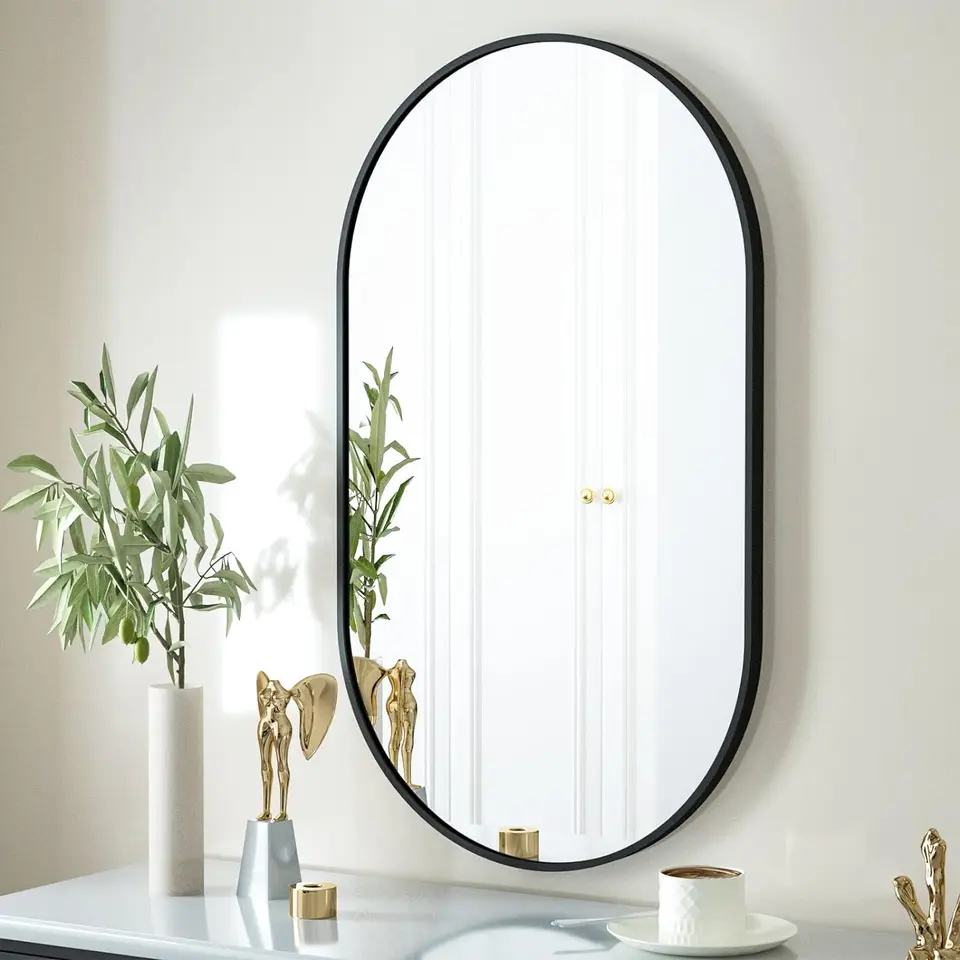 Oval Black Metal Framed Wall Mirror for Decor