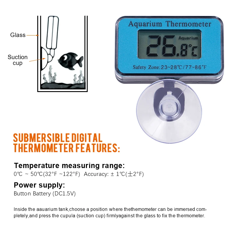 Aquarium Thermometer LCD Digital with Probe Suction Cup Temperature Control Fish Tank Water Electronic Thermometer Measurement