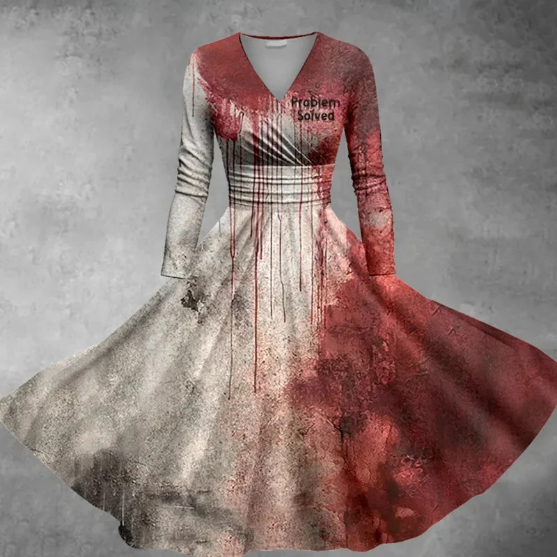 Halloween V Collar Long Sleeved Dress Terror Blood Handprints Bloodstains Leisure Slimming Outdoor Cosplay Clothing