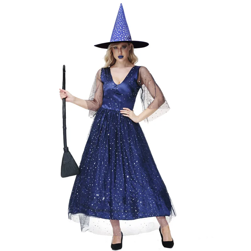Donne Adulte Magic Witch Wizard Robe Gown Stage Blue Dress Hat Set Halloween Role Play Dress Up Costume Cosplay