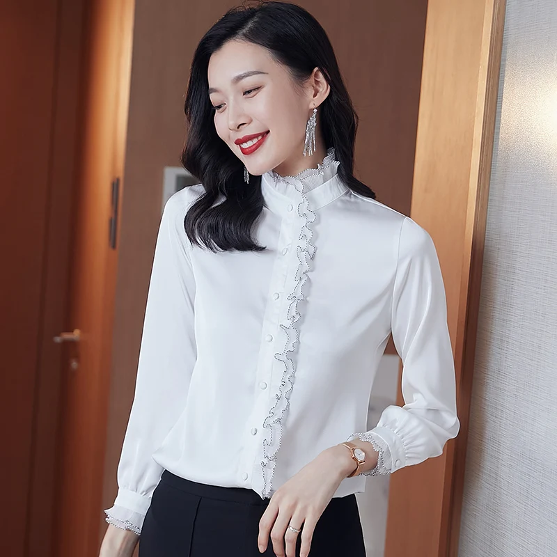 여성용 다용도 스탠딩 칼라 나무 귀 가장자리 셔츠, 긴팔, 패셔너블하고 우아한 여성 상의, 용수철 가을 신상