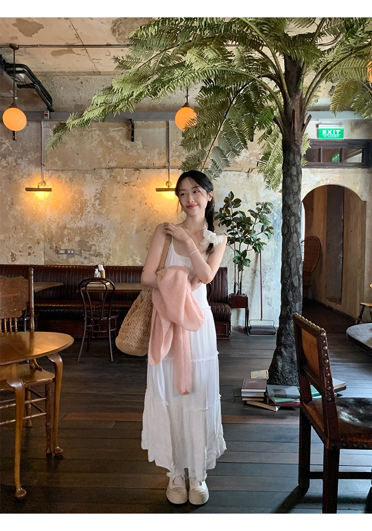 French Elegant Dresses for Women Solid Spaghetti Strap Summer New Ruffles A-line Casual Korean Chic Midi Vestidos Mujer