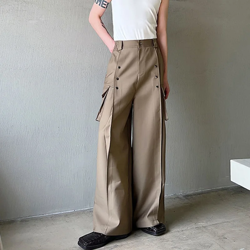 Wide Leg Pants Men Casual Korean Style High Waist Metal Piece Pocket Decoration